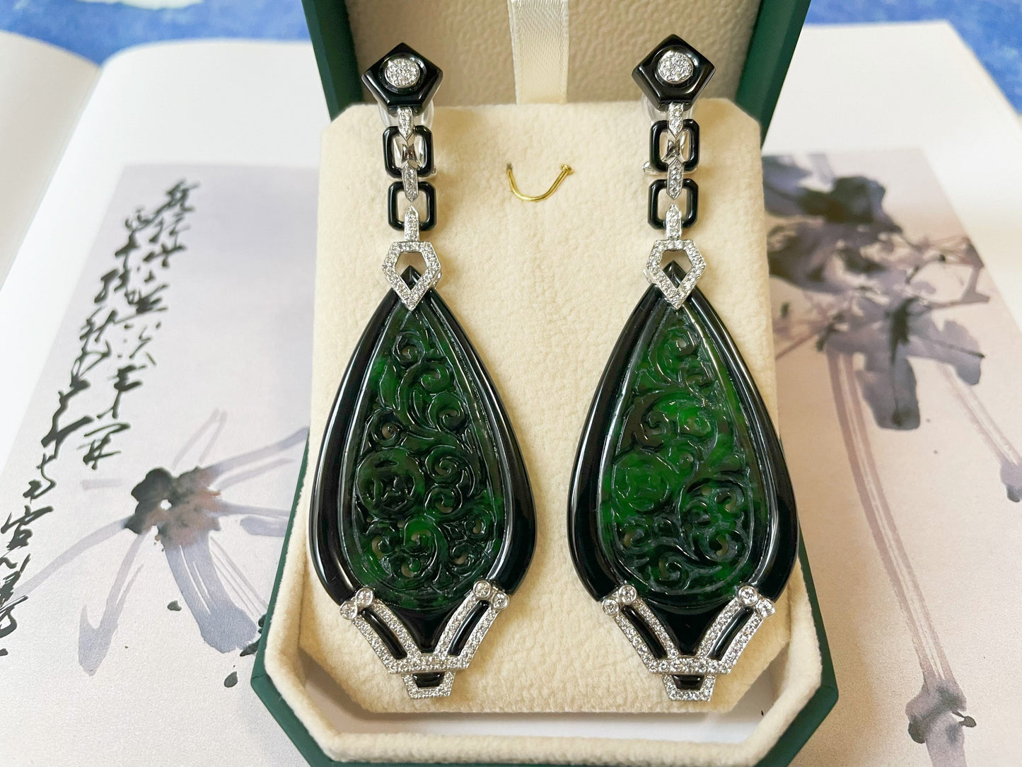 Natural Myanmar Intense Green Jadeite Jade Carved Diamond Earrings, Jade Earrings with Black Agate