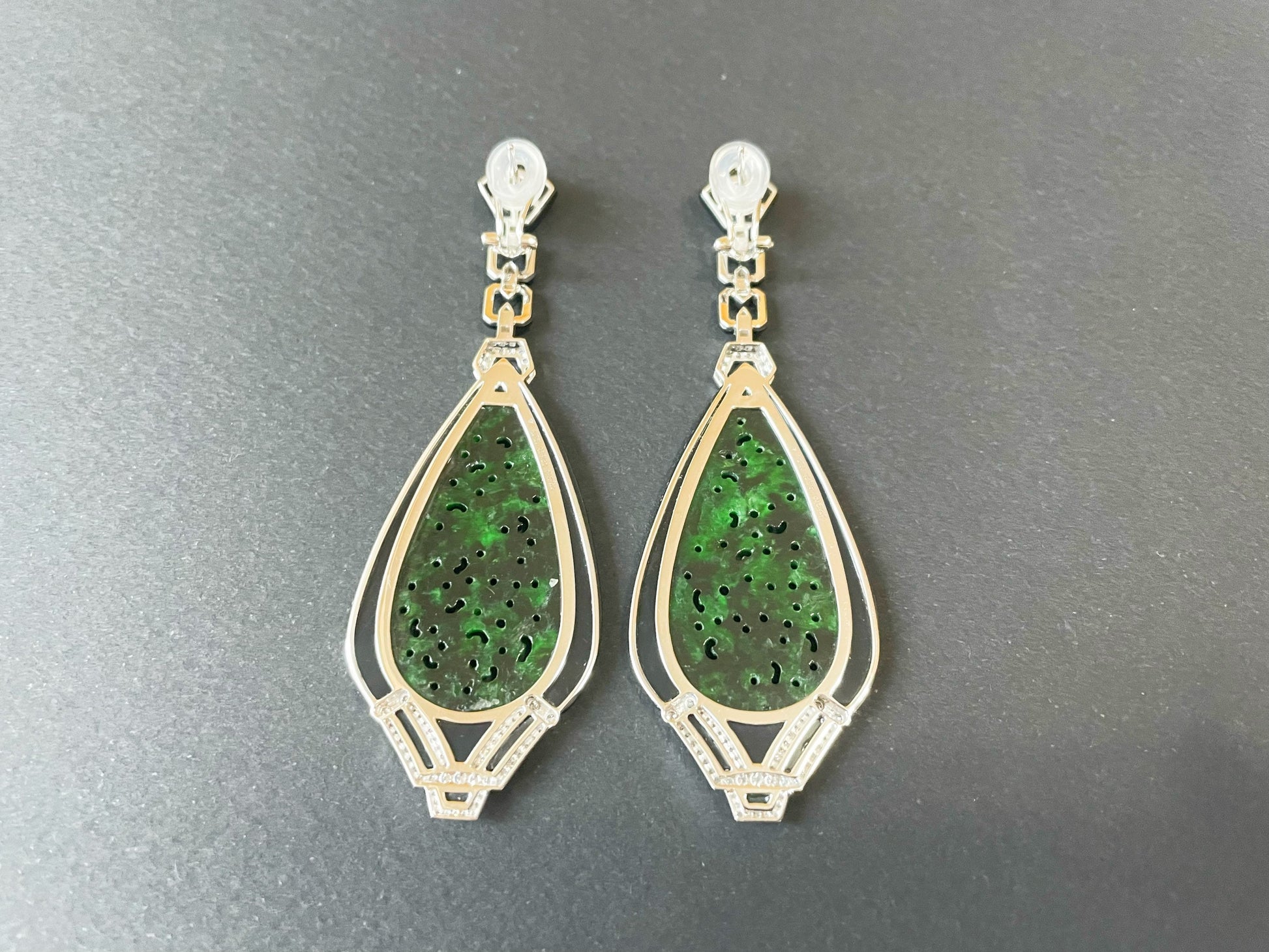 Natural Myanmar Intense Green Jadeite Jade Carved Diamond Earrings, Jade Earrings with Black Agate