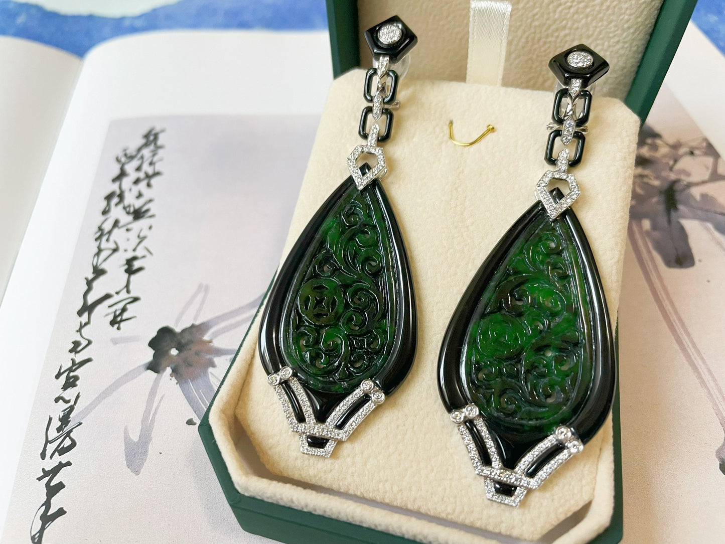 Natural Myanmar Intense Green Jadeite Jade Carved Diamond Earrings, Jade Earrings with Black Agate