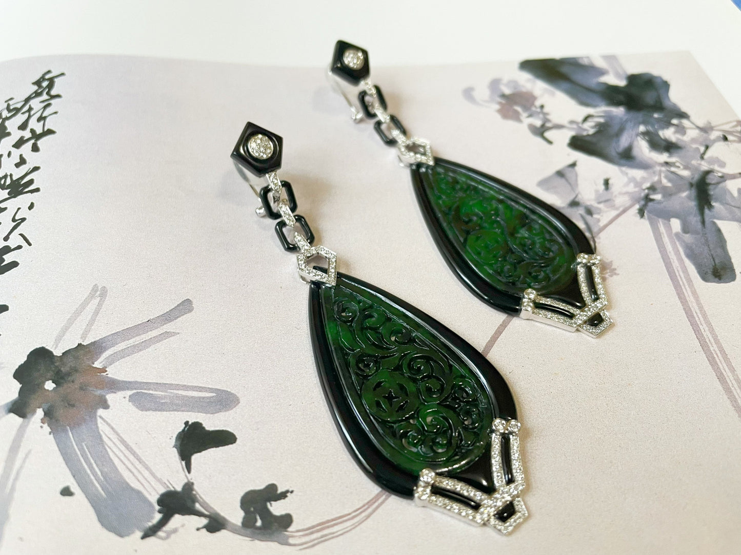 Natural Myanmar Intense Green Jadeite Jade Carved Diamond Earrings, Jade Earrings with Black Agate