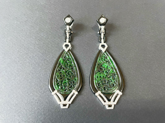 Natural Myanmar Intense Green Jadeite Jade Carved Diamond Earrings, Jade Earrings with Black Agate