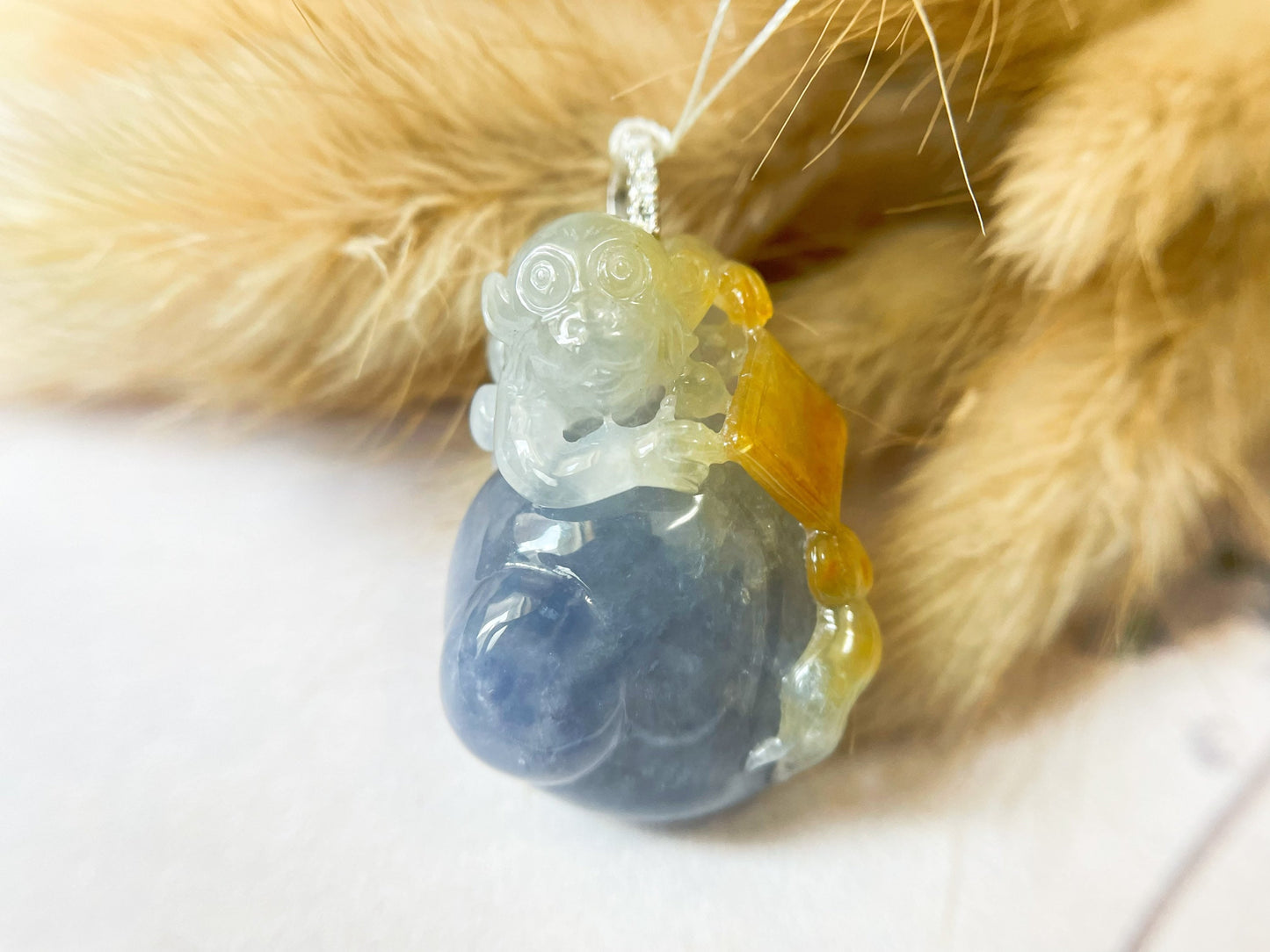 Bi-color Myanmar Jadeite Pendant with Monkey and Peach Carvings