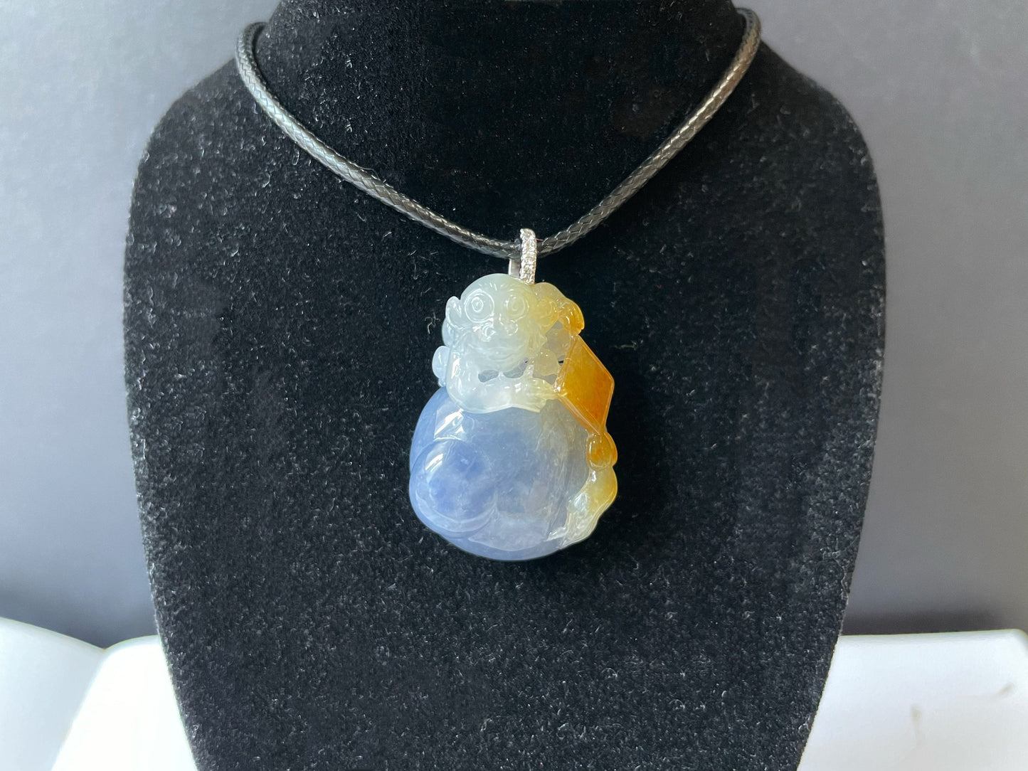 Bi-color Myanmar Jadeite Pendant with Monkey and Peach Carvings