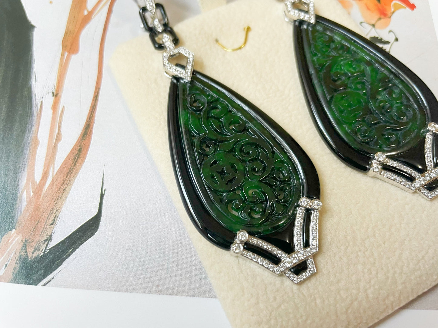 Natural Myanmar Intense Green Jadeite Jade Carved Diamond Earrings, Jade Earrings with Black Agate