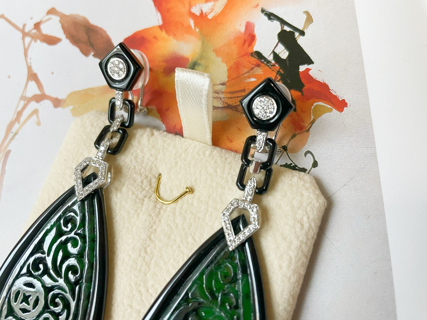 Natural Myanmar Intense Green Jadeite Jade Carved Diamond Earrings, Jade Earrings with Black Agate