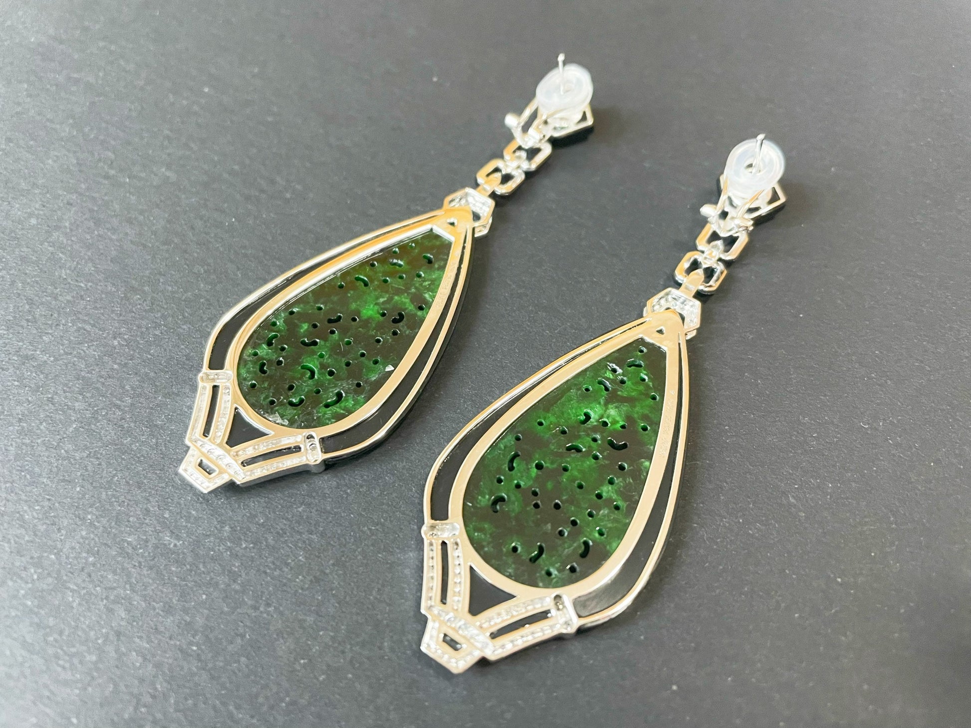 Natural Myanmar Intense Green Jadeite Jade Carved Diamond Earrings, Jade Earrings with Black Agate