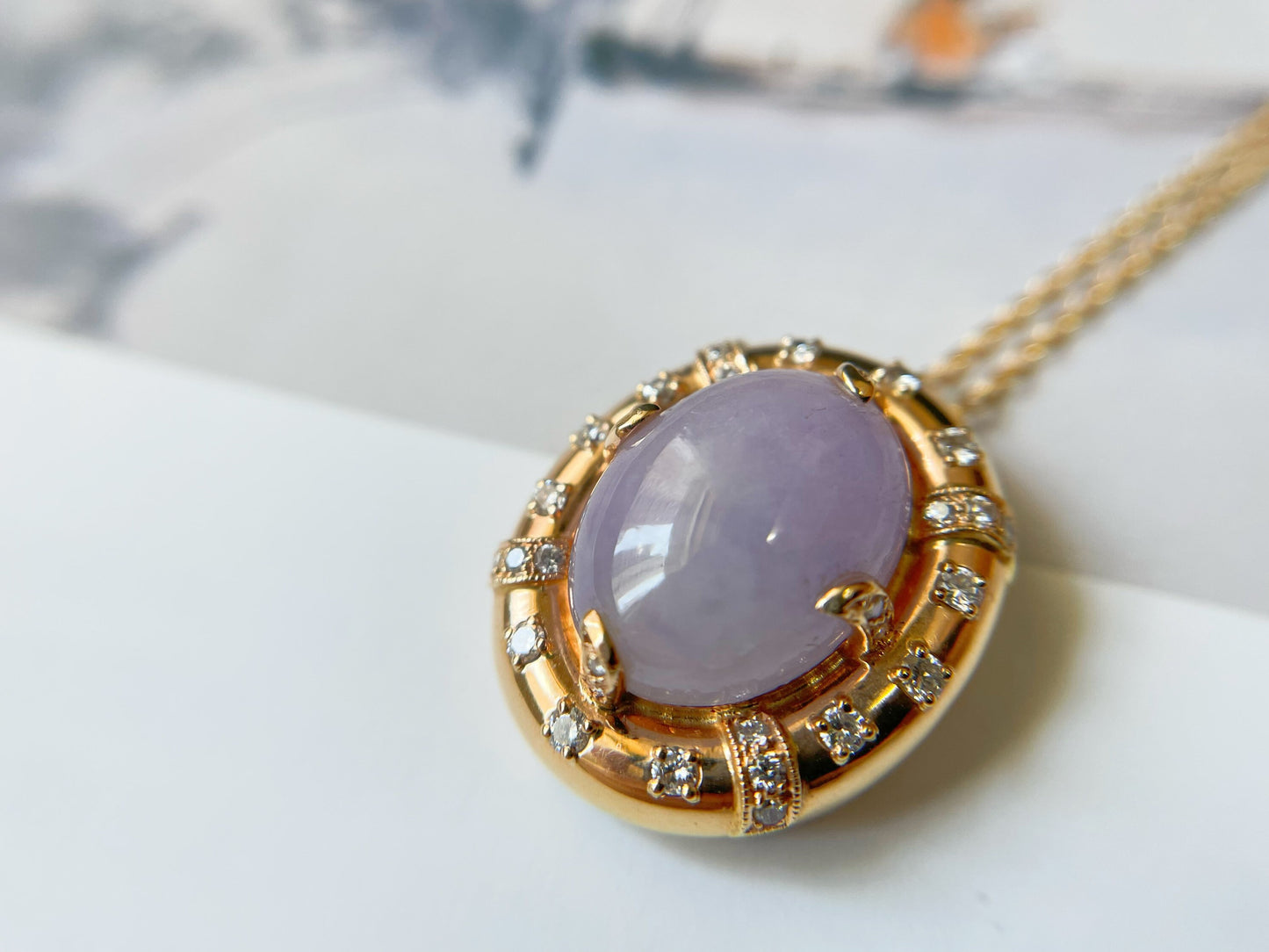 Icy Lavender Jadeite Pendant - 18K Gold Diamonds Purple Jade