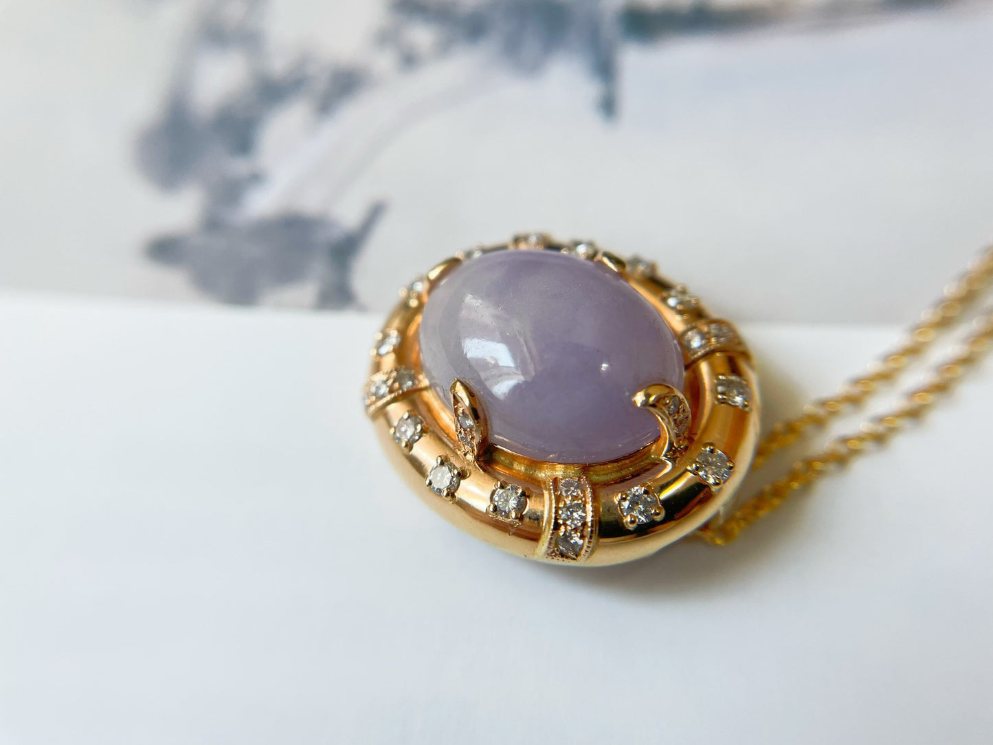 Icy Lavender Jadeite Pendant - 18K Gold Diamonds Purple Jade