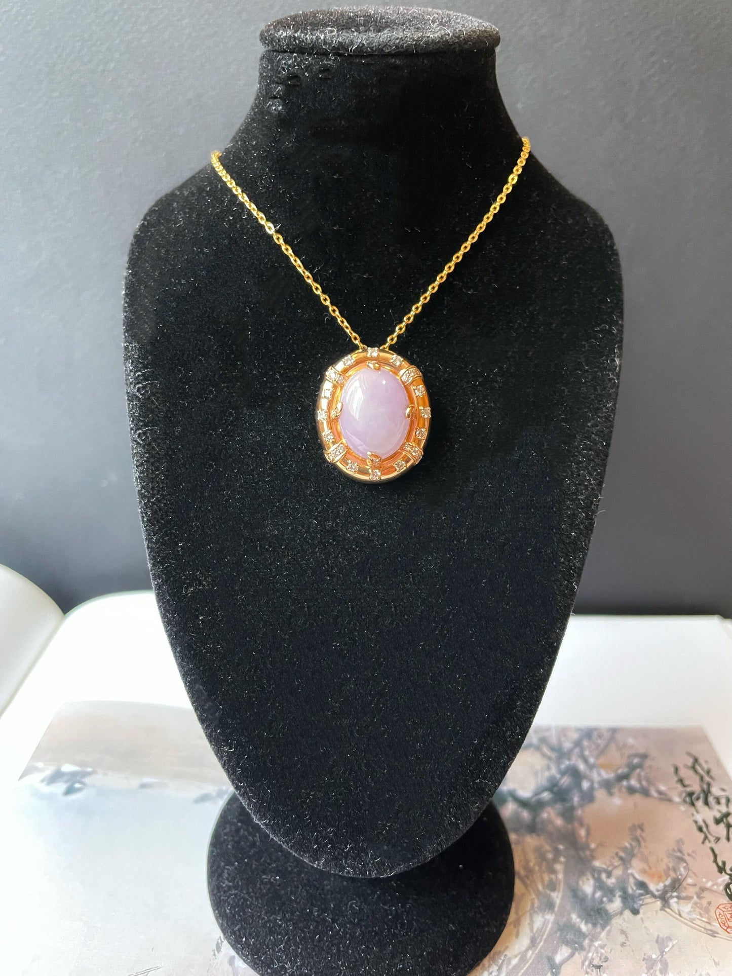 Icy Lavender Jadeite Pendant - 18K Gold Diamonds Purple Jade