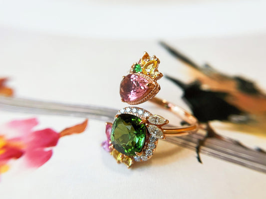 Bague avec deux pierres précieuses certifiées en tourmaline verte - Pierre de naissance d'octobre