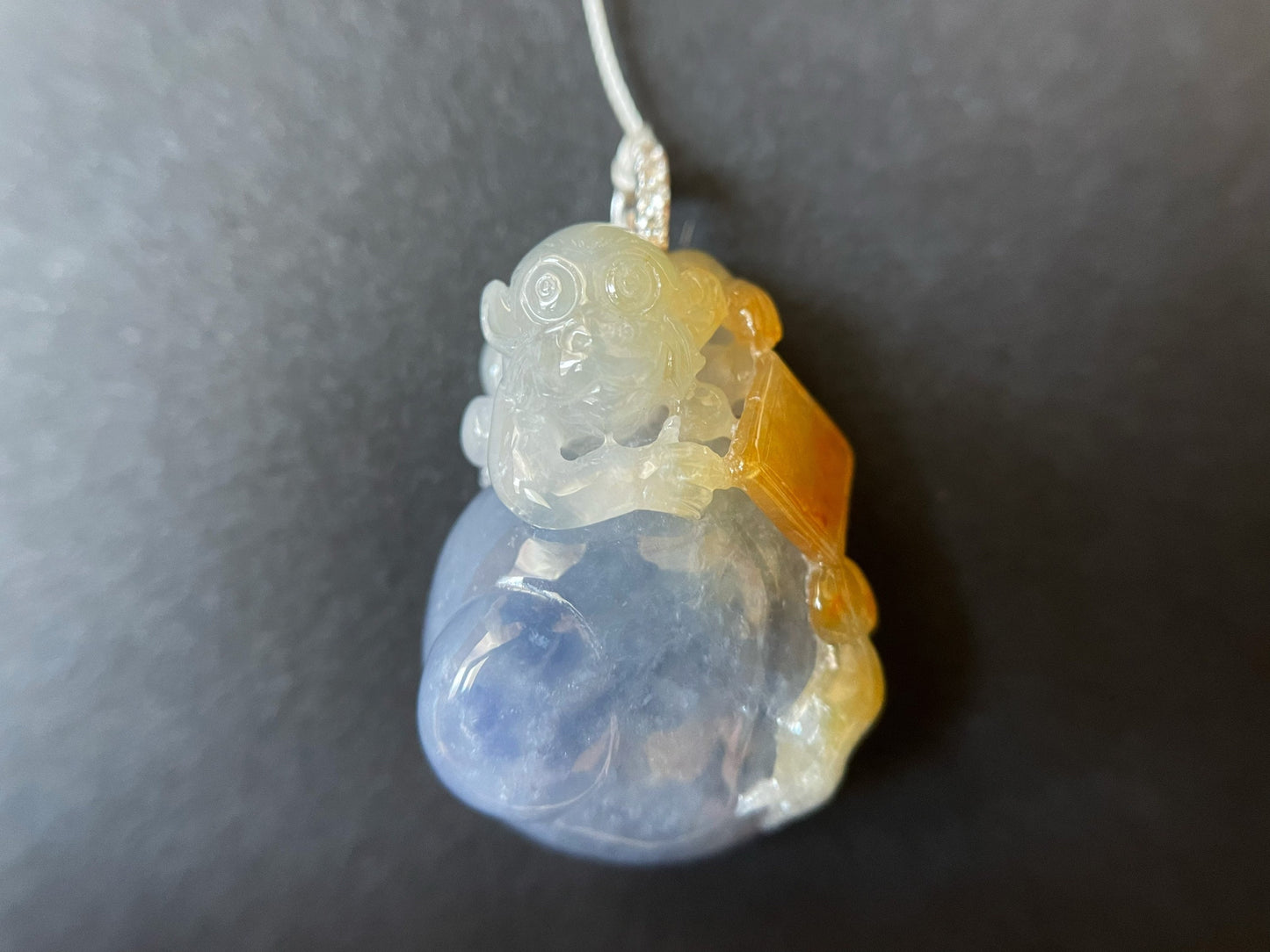 Bi-color Myanmar Jadeite Pendant with Monkey and Peach Carvings