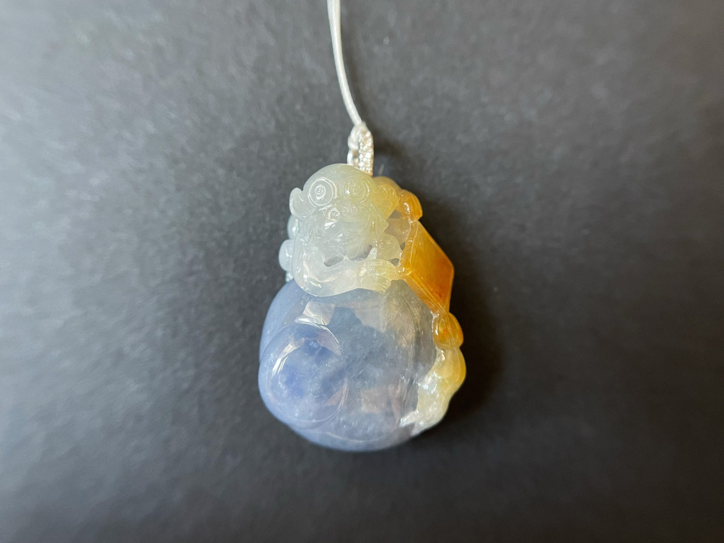 Bi-color Myanmar Jadeite Pendant with Monkey and Peach Carvings