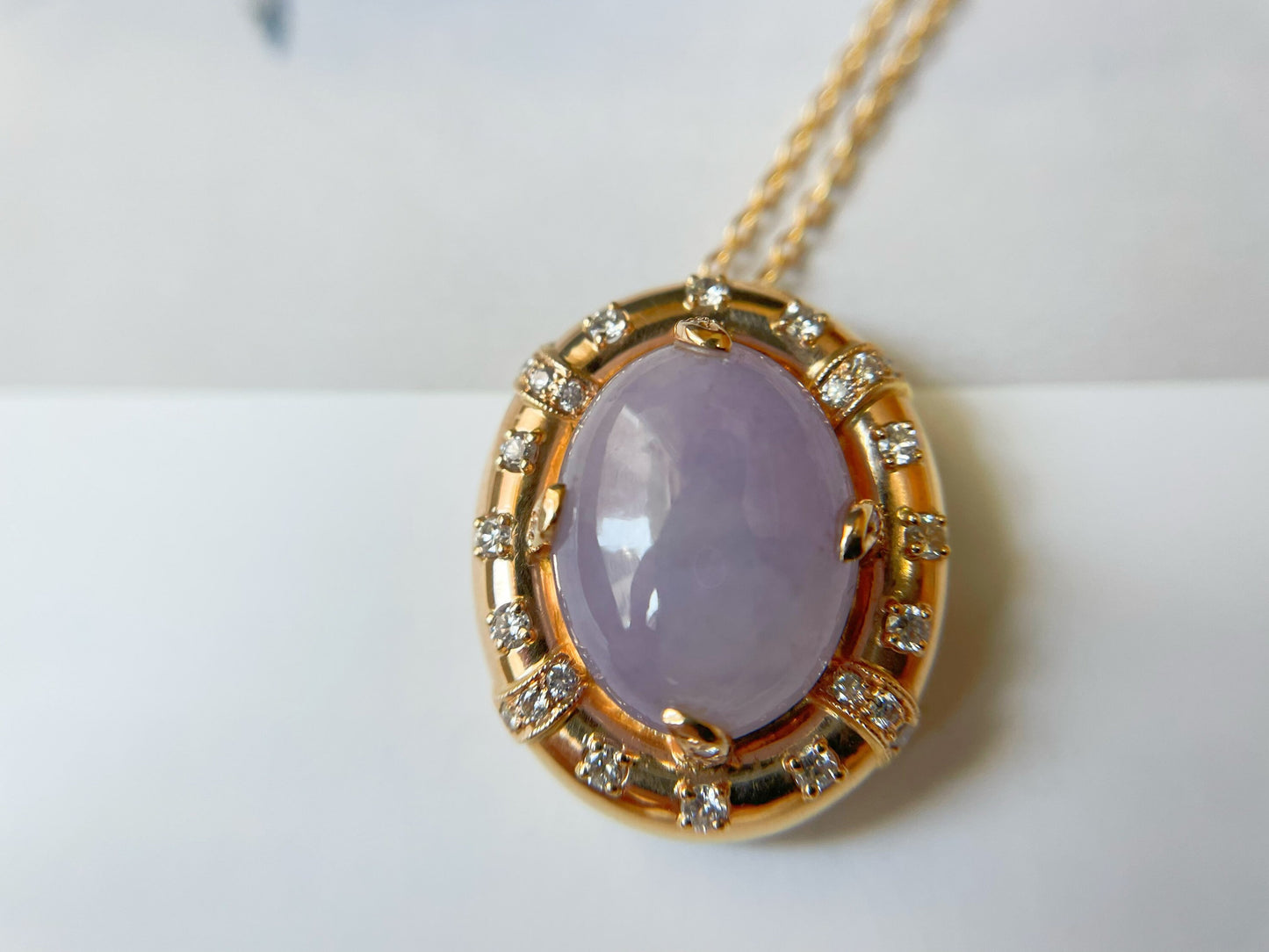 Icy Lavender Jadeite Pendant - 18K Gold Diamonds Purple Jade