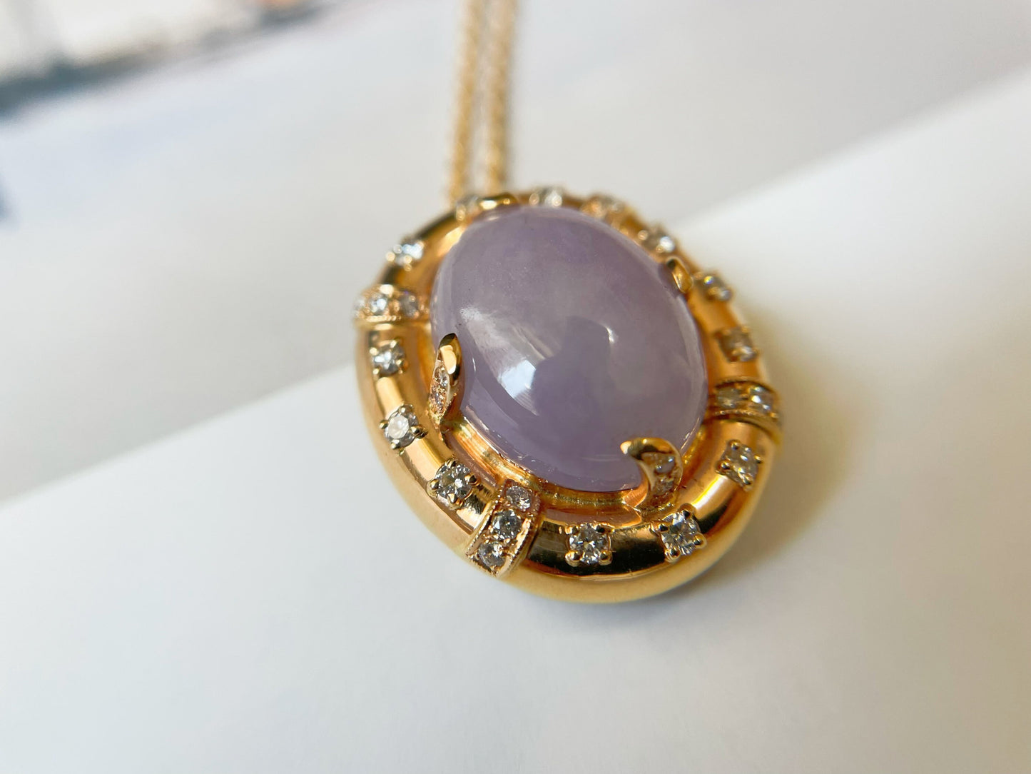 Icy Lavender Jadeite Pendant - 18K Gold Diamonds Purple Jade