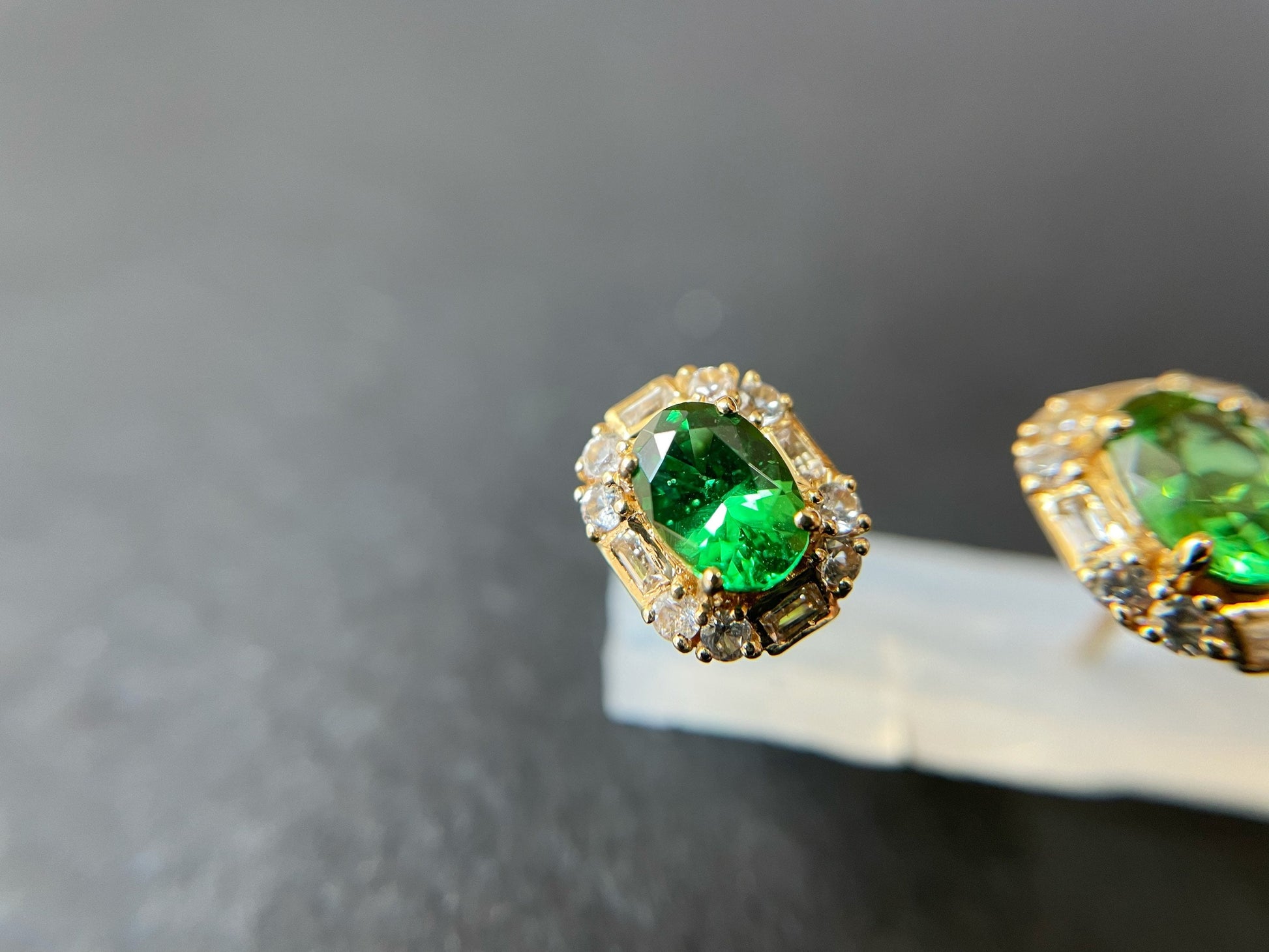 1.15 Ct - Natural Tsavorite in 18K Yellow Gold and White Sapphires Ear Studs, Oval Tsavorite Pair, Earrings