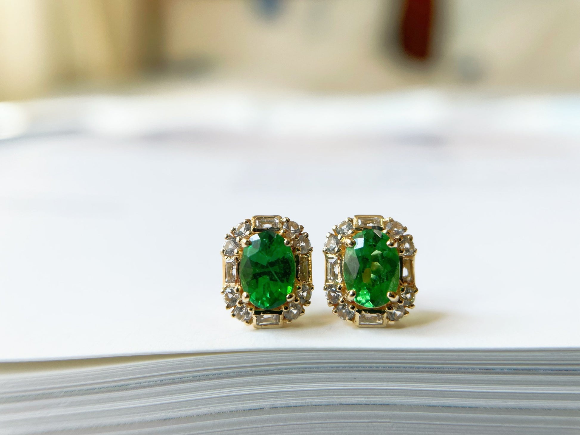 1.15 Ct - Natural Tsavorite in 18K Yellow Gold and White Sapphires Ear Studs, Oval Tsavorite Pair, Earrings