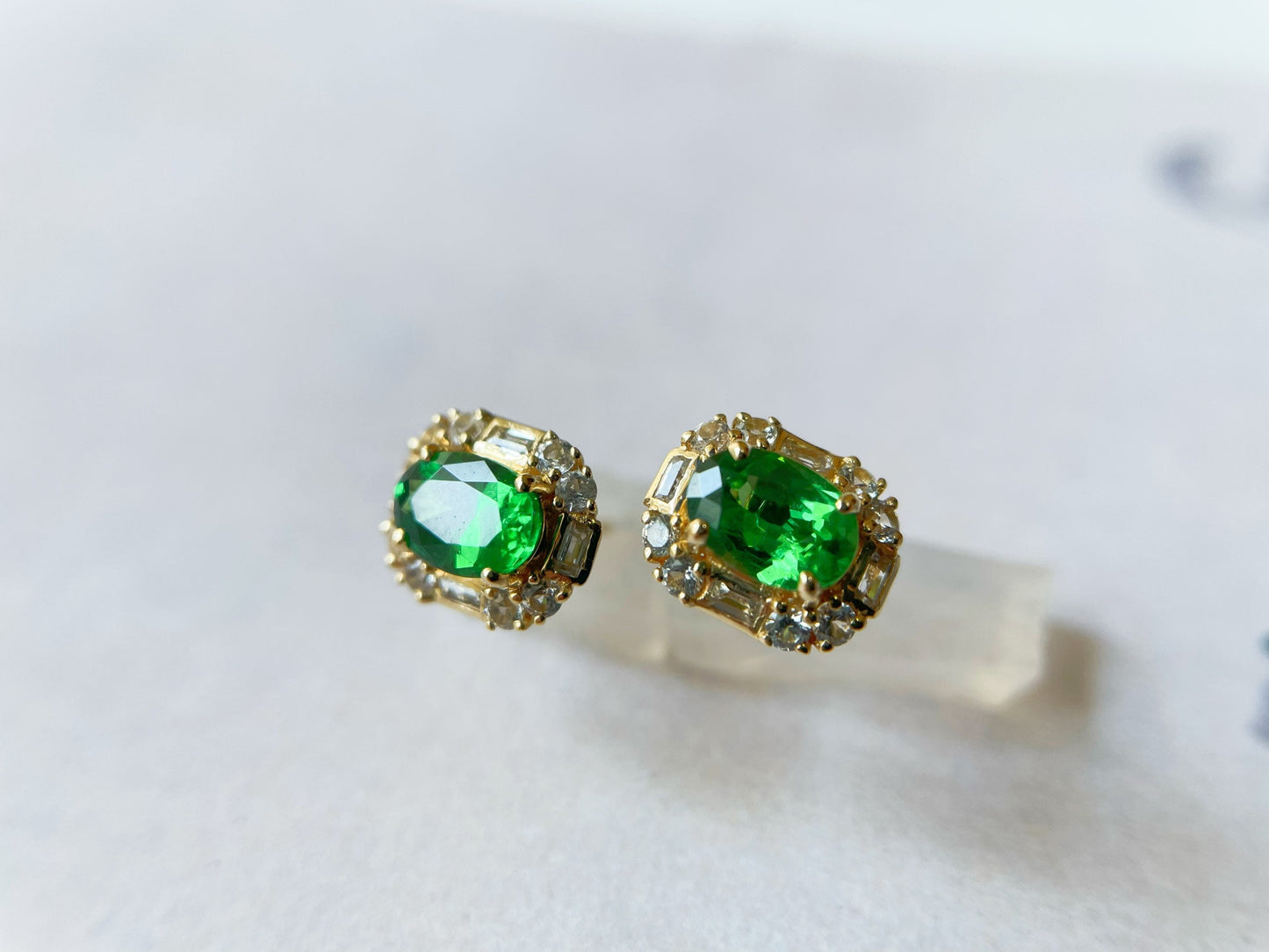 1.15 Ct - Natural Tsavorite in 18K Yellow Gold and White Sapphires Ear Studs, Oval Tsavorite Pair, Earrings