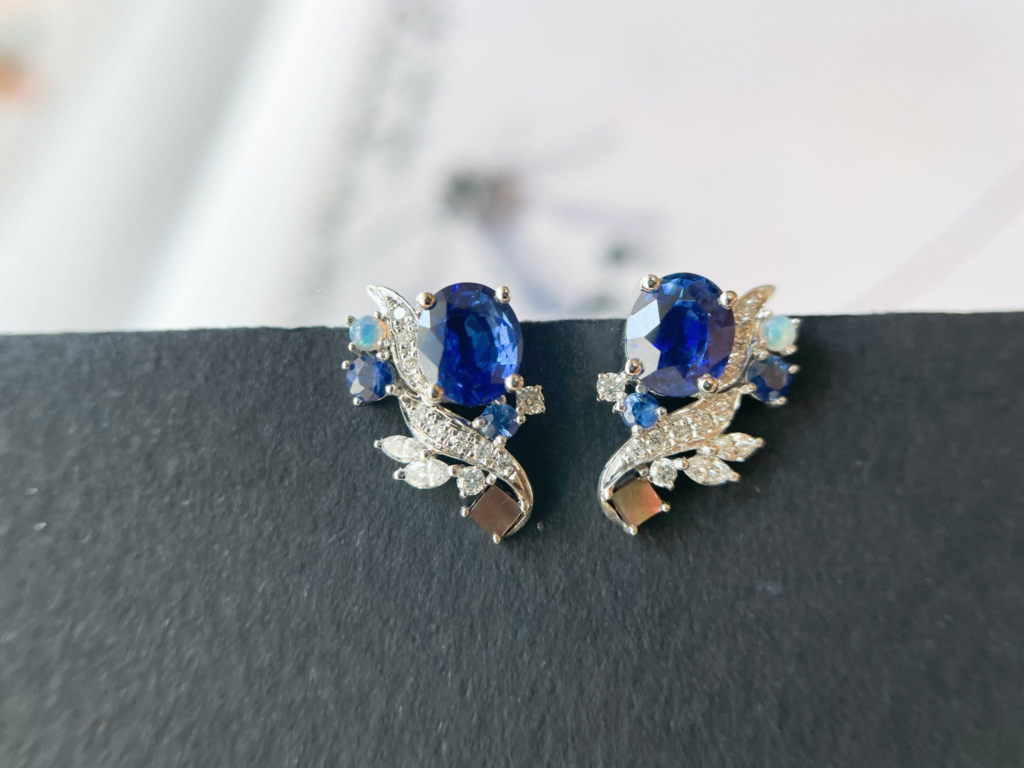 18k White Gold Blue Sapphire Earrings with Opal and Mother of Pearl