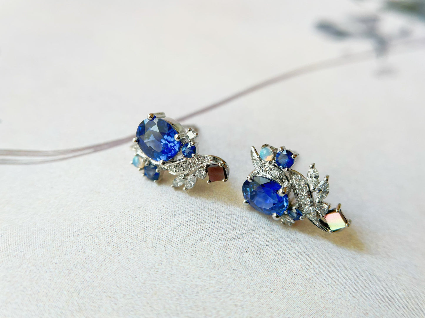 18k White Gold Blue Sapphire Earrings with Opal and Mother of Pearl