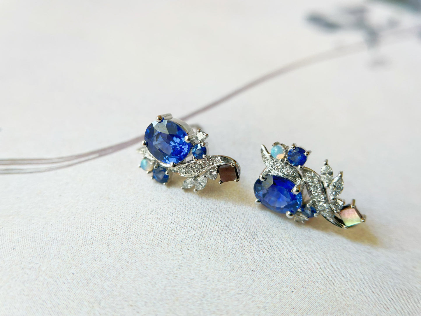 18k White Gold Blue Sapphire Earrings with Opal and Mother of Pearl