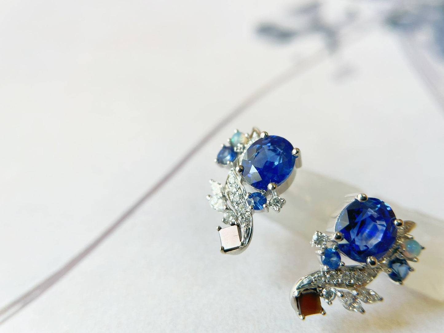 18k White Gold Blue Sapphire Earrings with Opal and Mother of Pearl