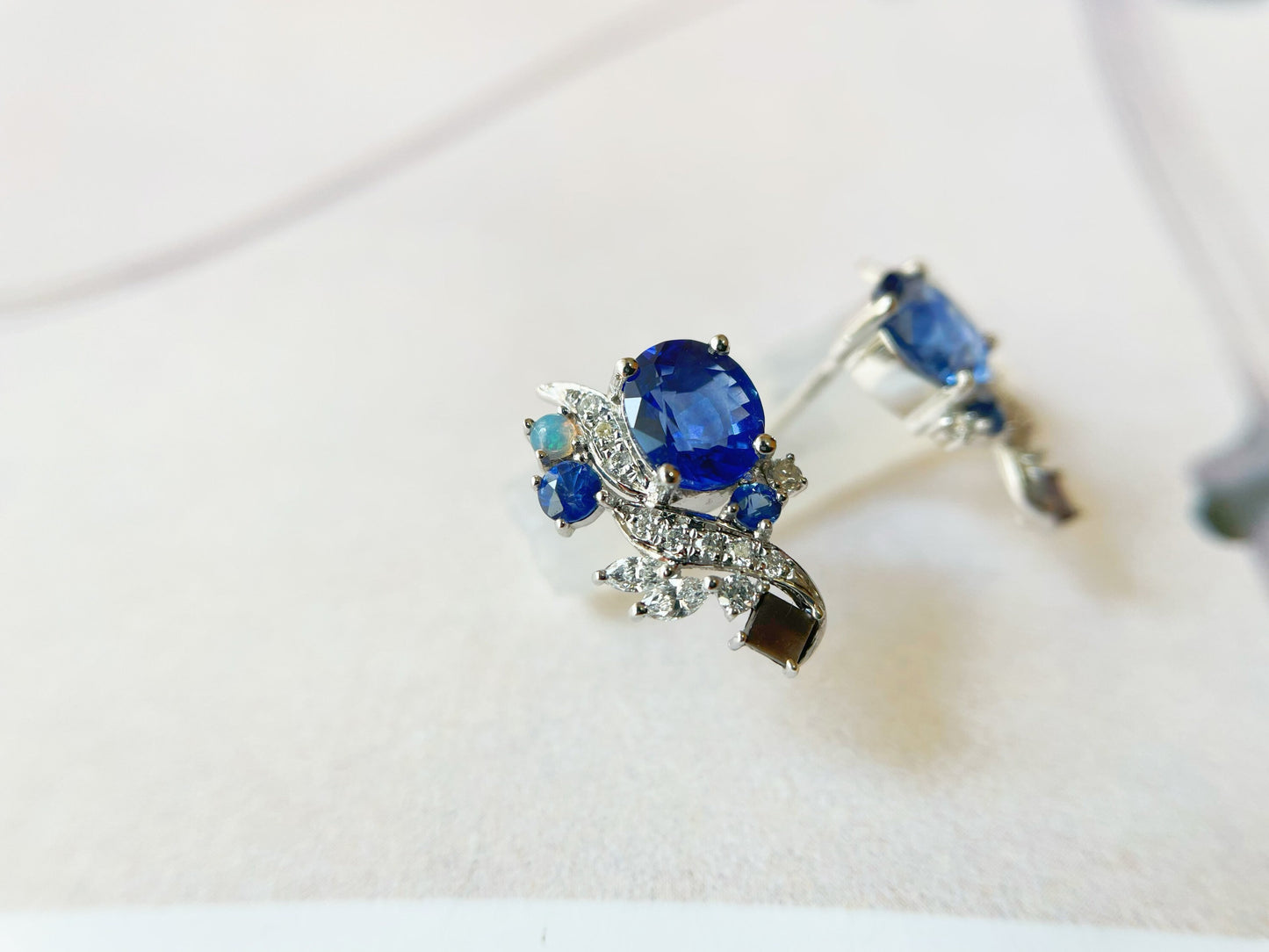 18k White Gold Blue Sapphire Earrings with Opal and Mother of Pearl