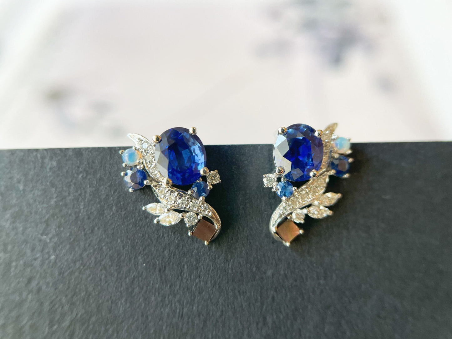 18k White Gold Blue Sapphire Earrings with Opal and Mother of Pearl