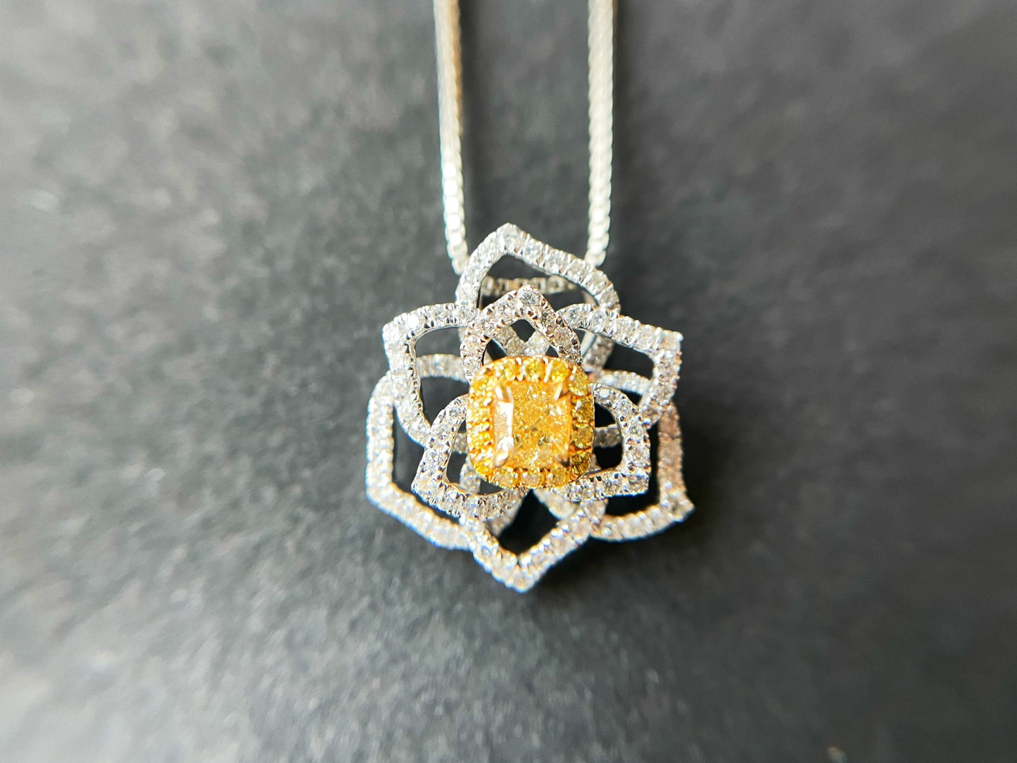 Yellow Diamond Camelia Pendant - 18K White Gold