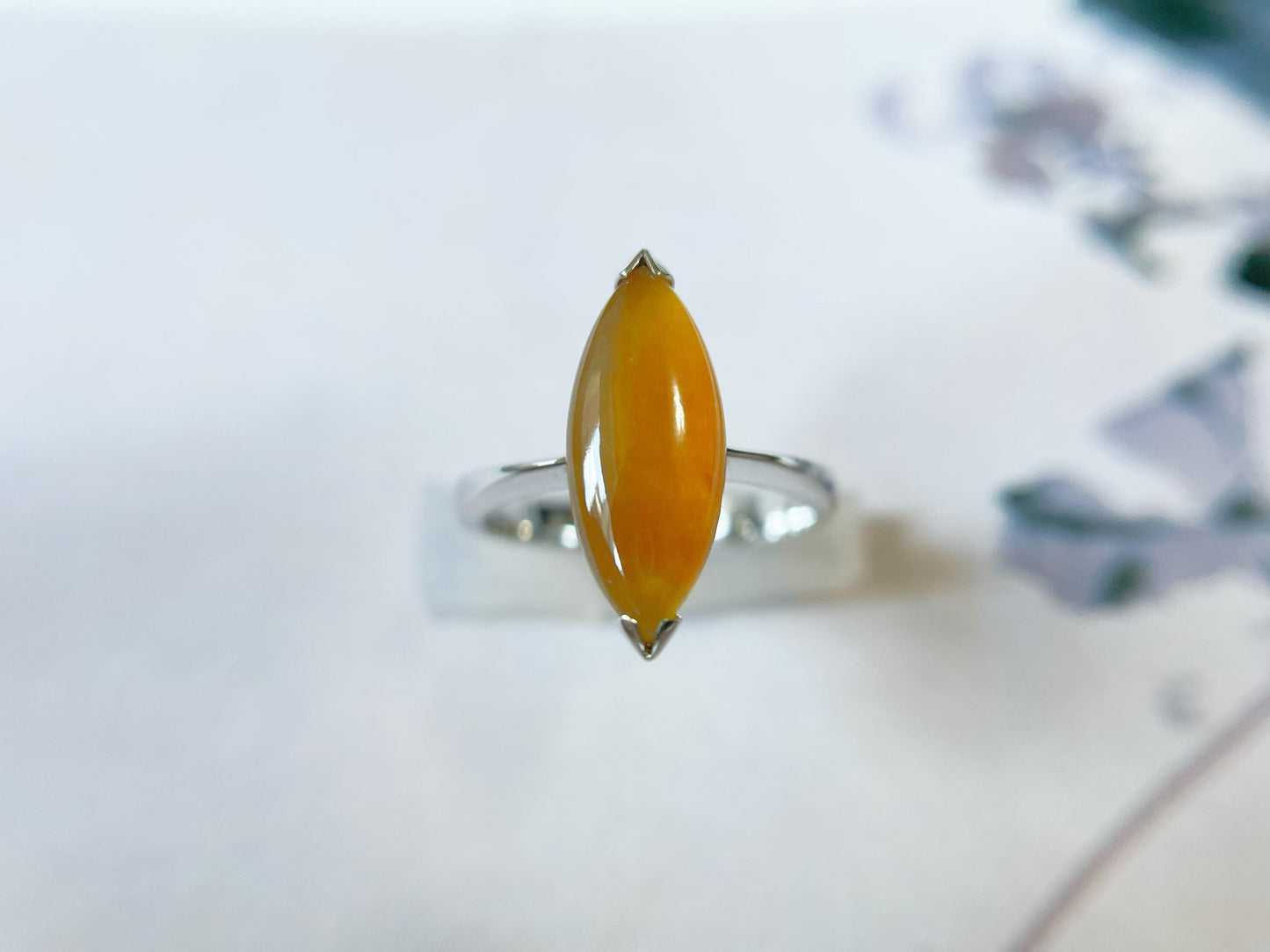 Icy Honey Yellow Marquise Jadeite Ring - 18K White Gold