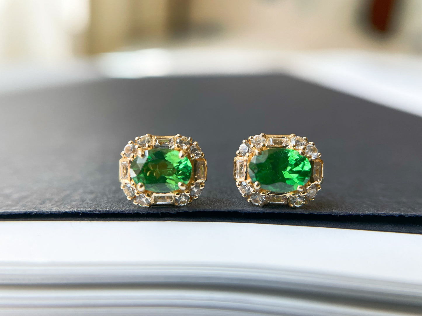 1.15 Ct - Natural Tsavorite in 18K Yellow Gold and White Sapphires Ear Studs, Oval Tsavorite Pair, Earrings