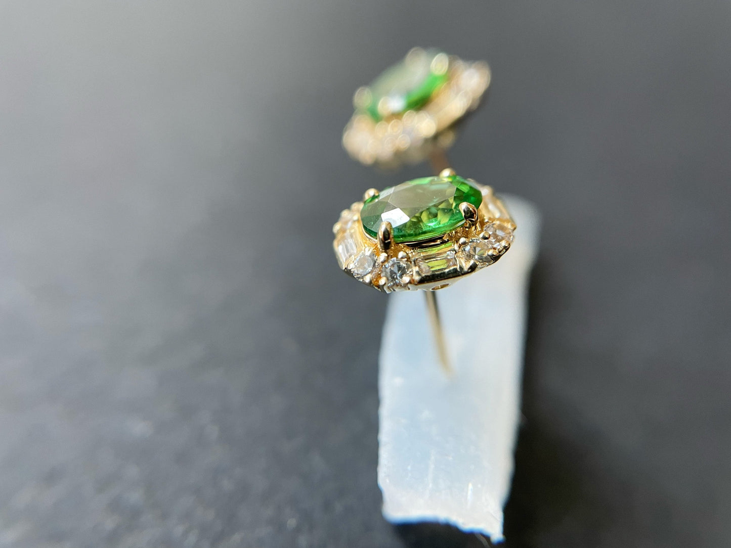 1.15 Ct - Natural Tsavorite in 18K Yellow Gold and White Sapphires Ear Studs, Oval Tsavorite Pair, Earrings