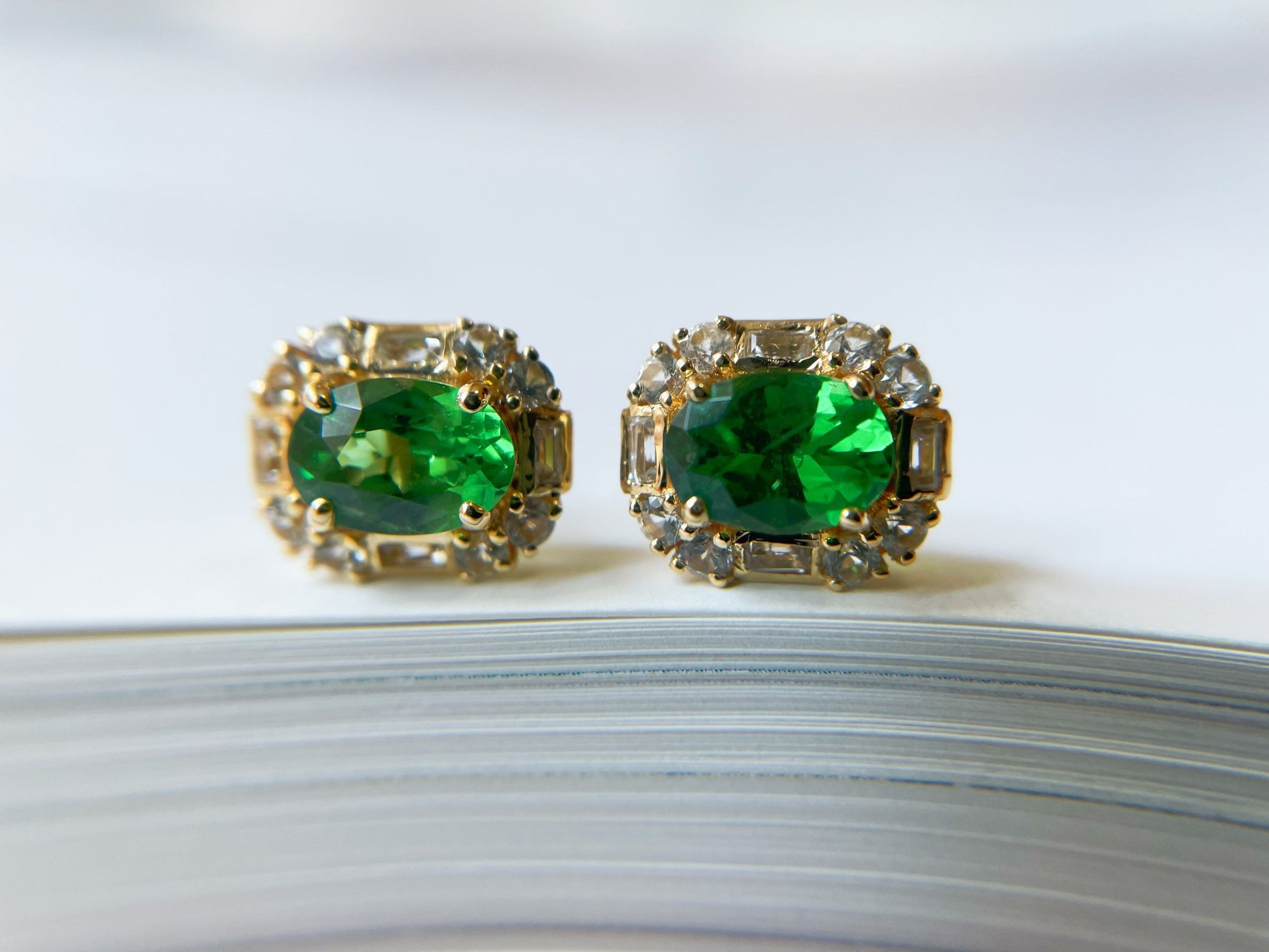 1.15 Ct - Natural Tsavorite in 18K Yellow Gold and White Sapphires Ear Studs, Oval Tsavorite Pair, Earrings