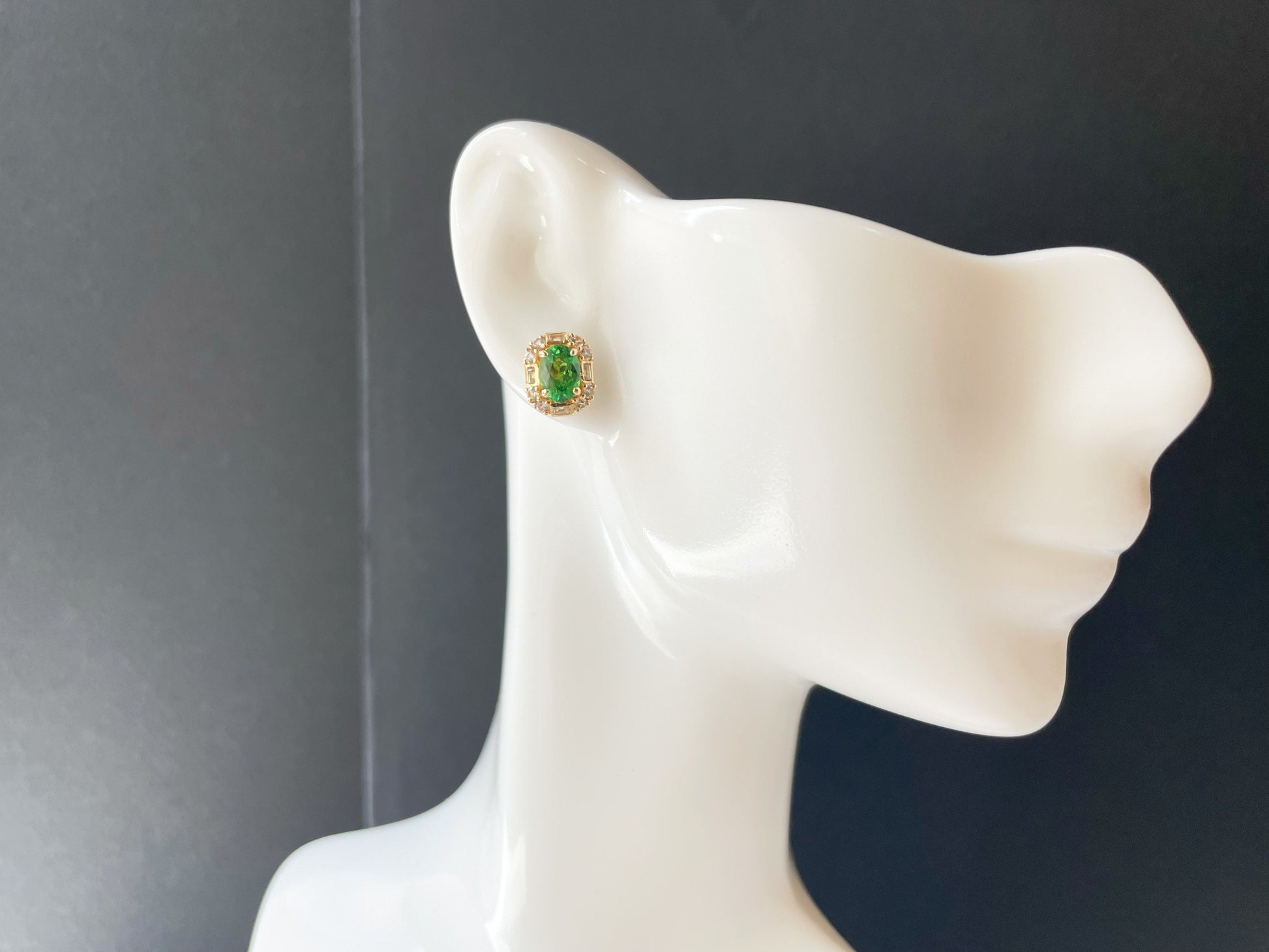 1.15 Ct - Natural Tsavorite in 18K Yellow Gold and White Sapphires Ear Studs, Oval Tsavorite Pair, Earrings