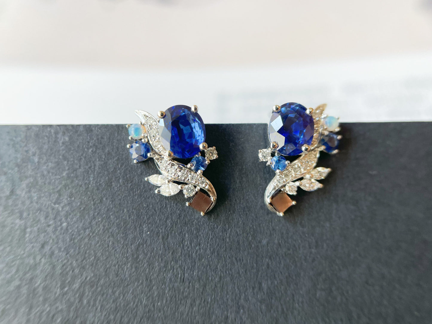 18k White Gold Blue Sapphire Earrings with Opal and Mother of Pearl