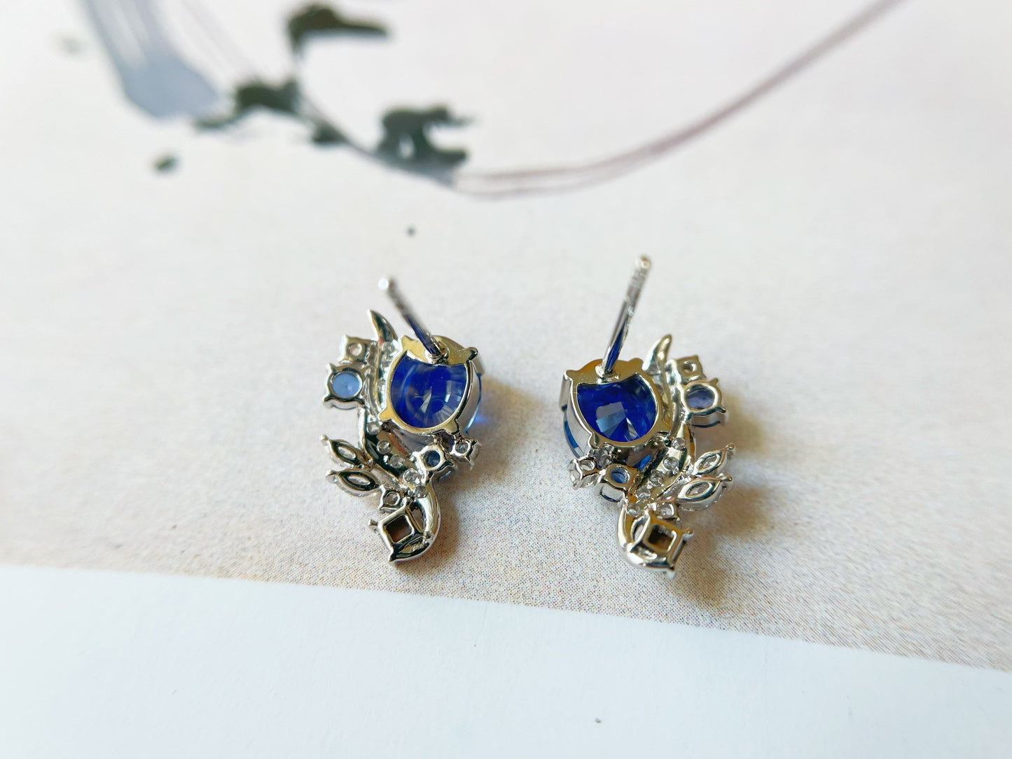 18k White Gold Blue Sapphire Earrings with Opal and Mother of Pearl