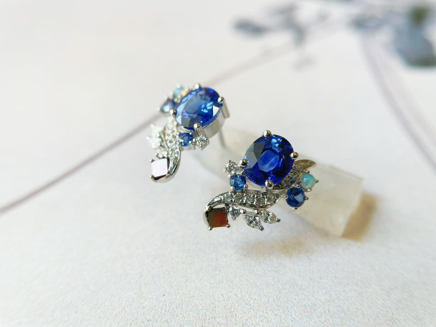 18k White Gold Blue Sapphire Earrings with Opal and Mother of Pearl