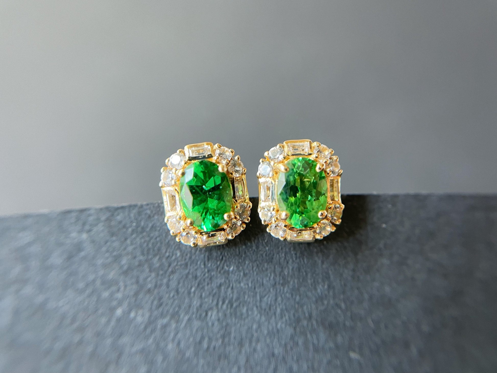 1.15 Ct - Natural Tsavorite in 18K Yellow Gold and White Sapphires Ear Studs, Oval Tsavorite Pair, Earrings