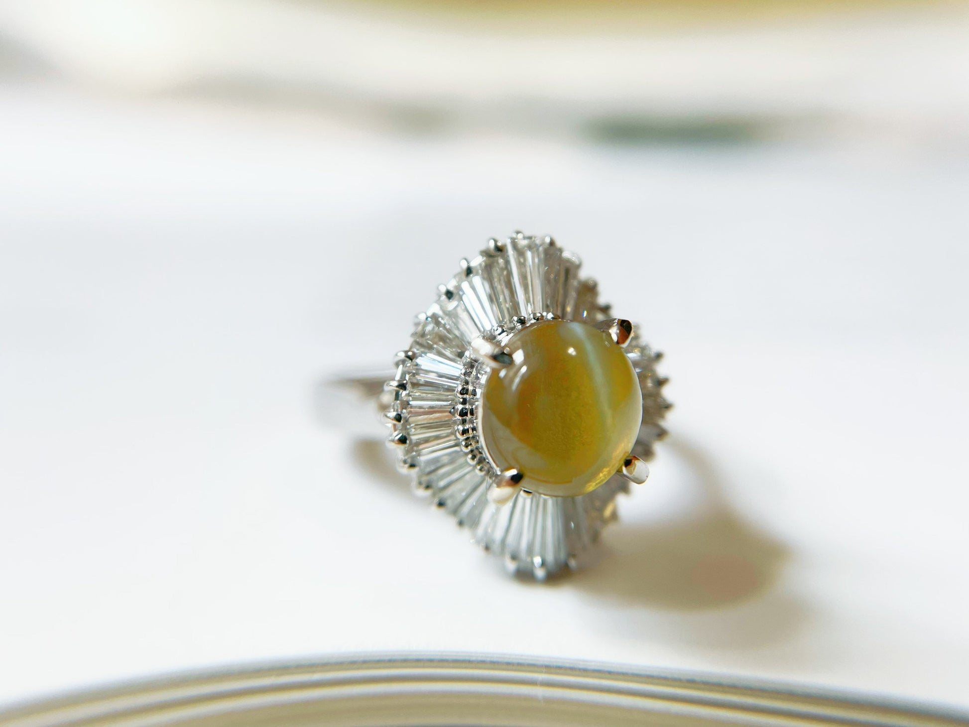 2.03 Ct - Natural Honey Color Chrysoberyl Cat&#39;s Eye Gemstone with Diamond set in Platinum Ring, Honey Yellow Color Gemstone Ring