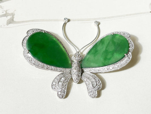 Natural Myanmar Iridescent Green Jadeite Jade Butterfly Brooch and Pendant