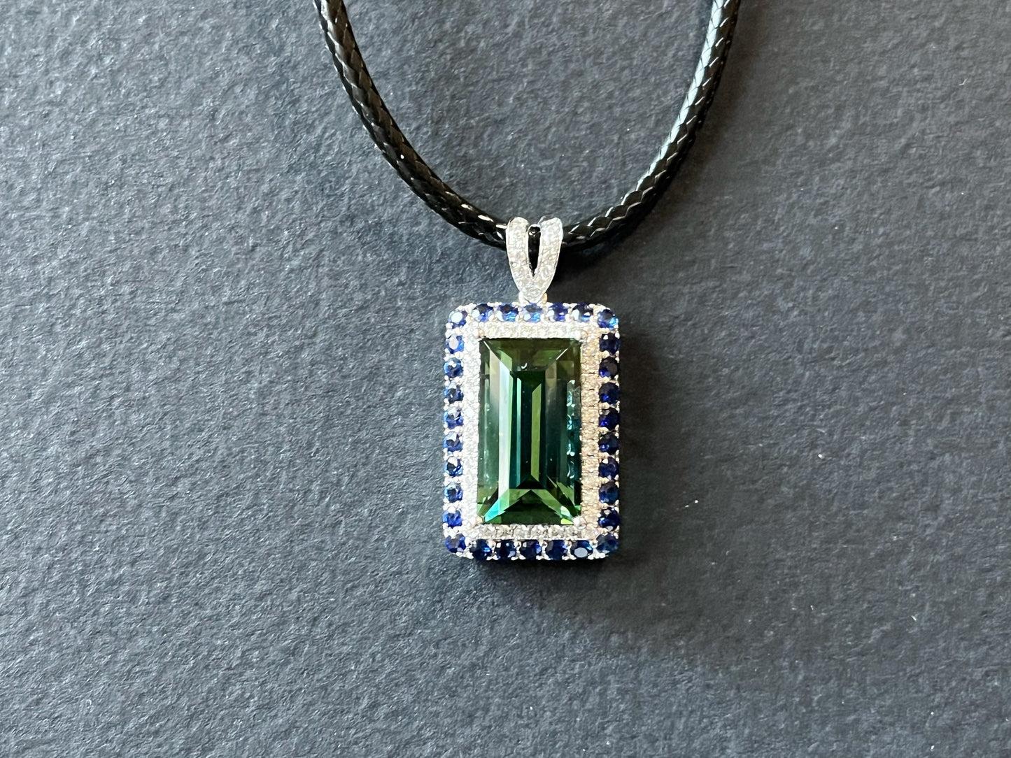 Certified Green Tourmaline Blue Sapphire Moissanite 14K White Gold Pendant