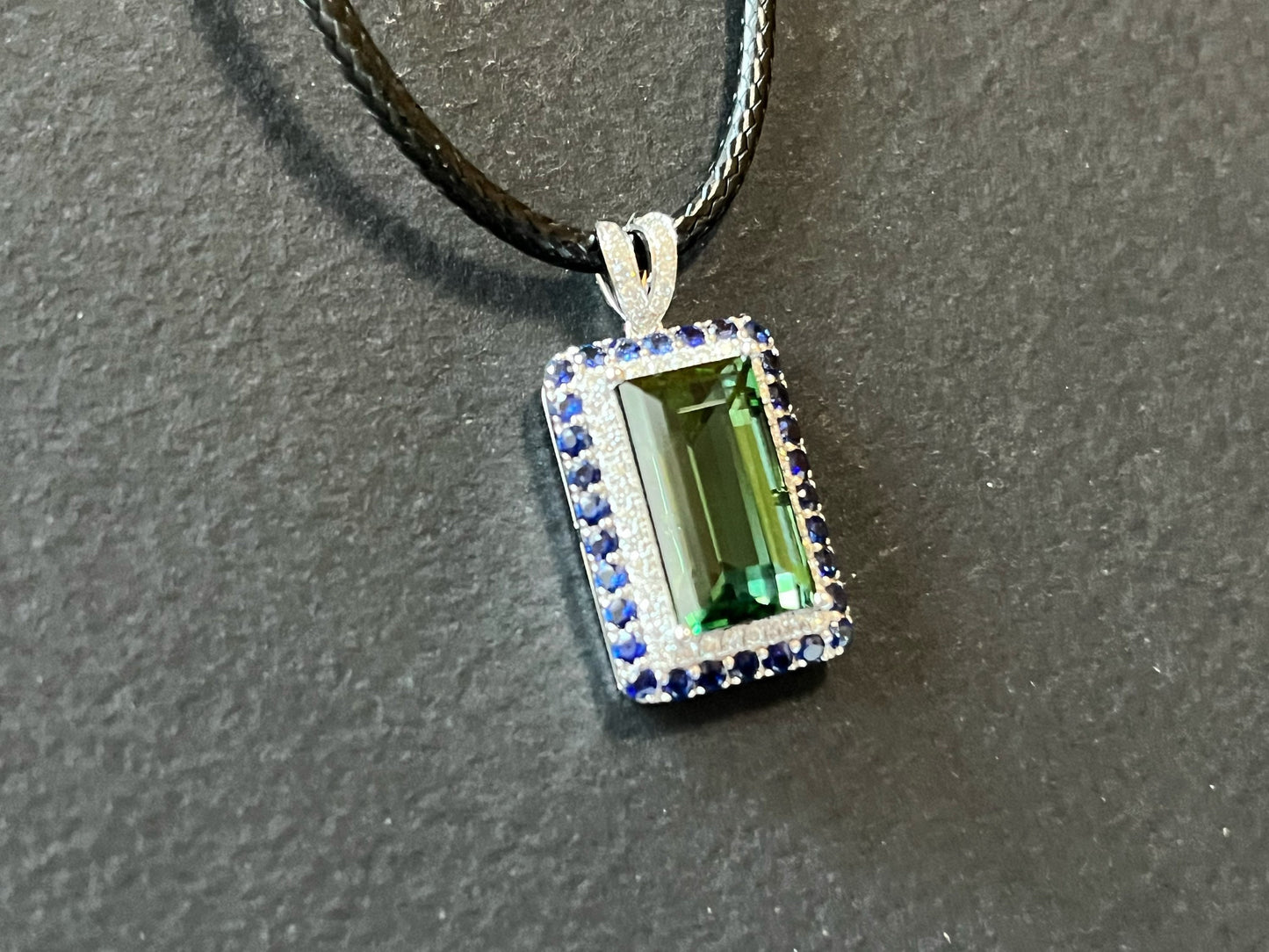 Certified Green Tourmaline Blue Sapphire Moissanite 14K White Gold Pendant