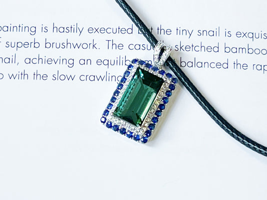 Certified Green Tourmaline Blue Sapphire Moissanite 14K White Gold Pendant