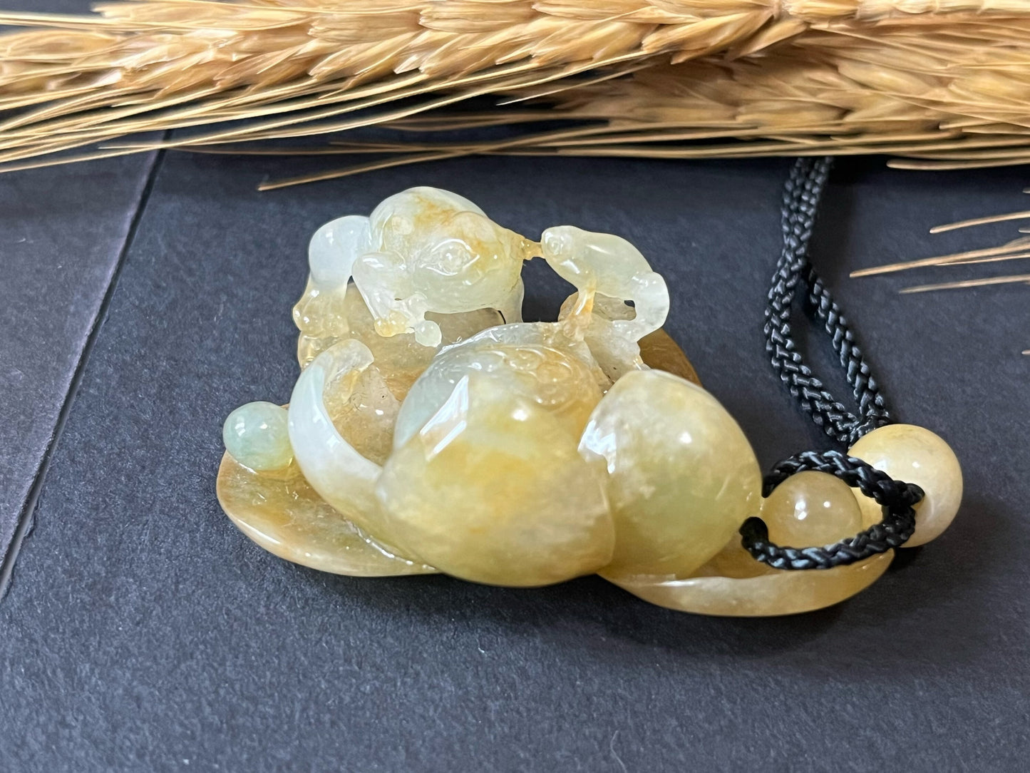 Jadeite Pendant - Lucky Frogs Lotus Flowers and Ancient Coins