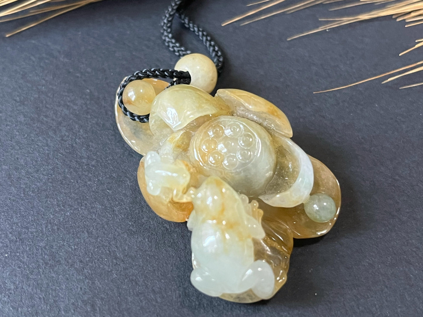 Jadeite Pendant - Lucky Frogs Lotus Flowers and Ancient Coins