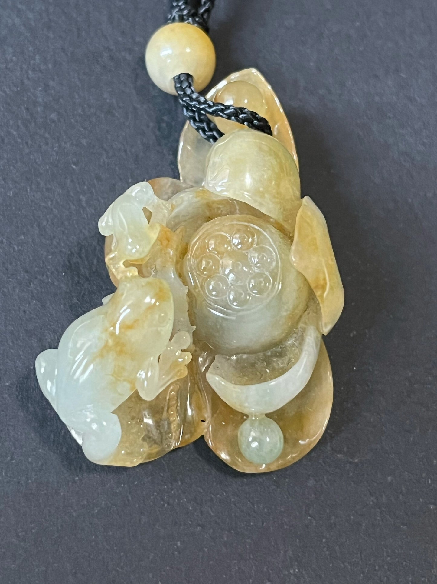 Jadeite Pendant - Lucky Frogs Lotus Flowers and Ancient Coins