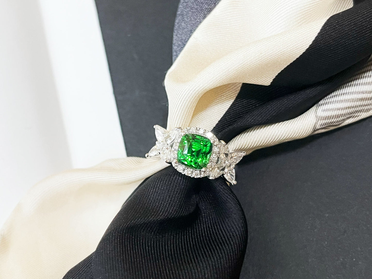 Certified Tsavorite Diamond Ring in 18K White Gold