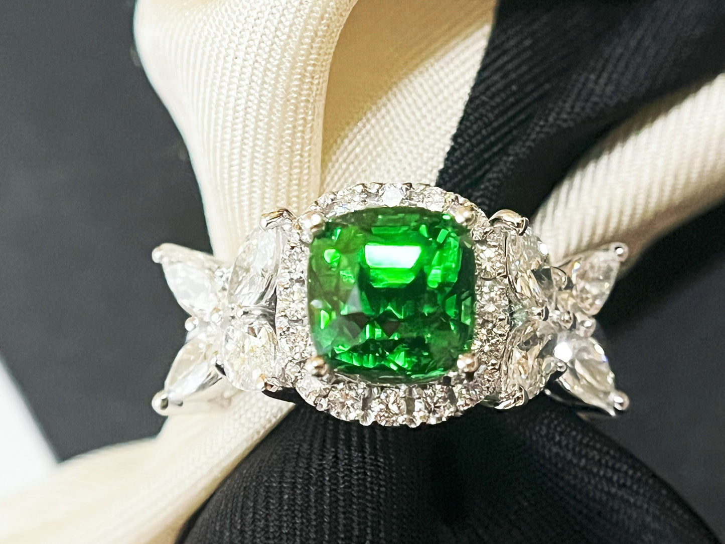 Certified Tsavorite Diamond Ring in 18K White Gold