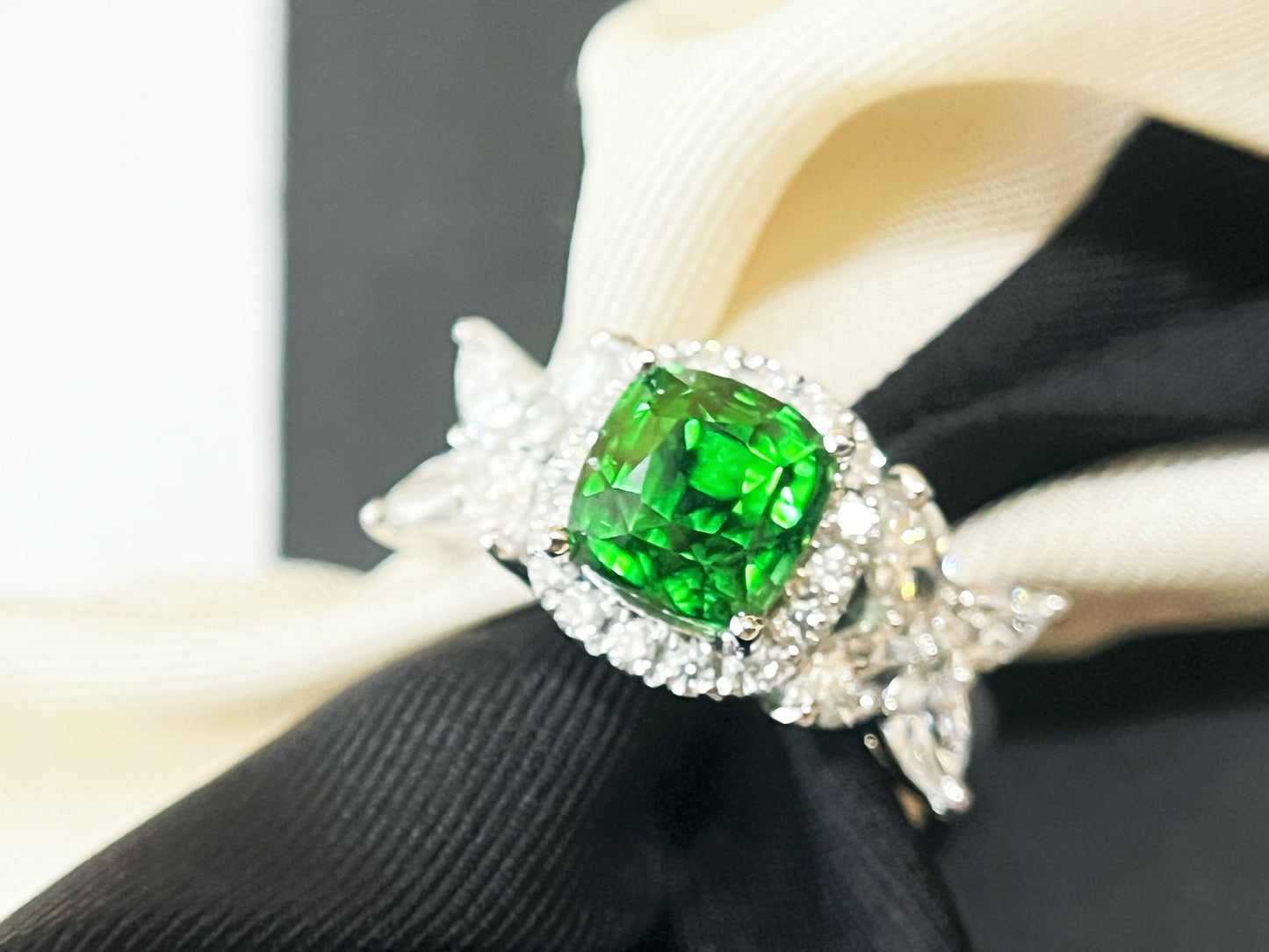 Certified Tsavorite Diamond Ring in 18K White Gold