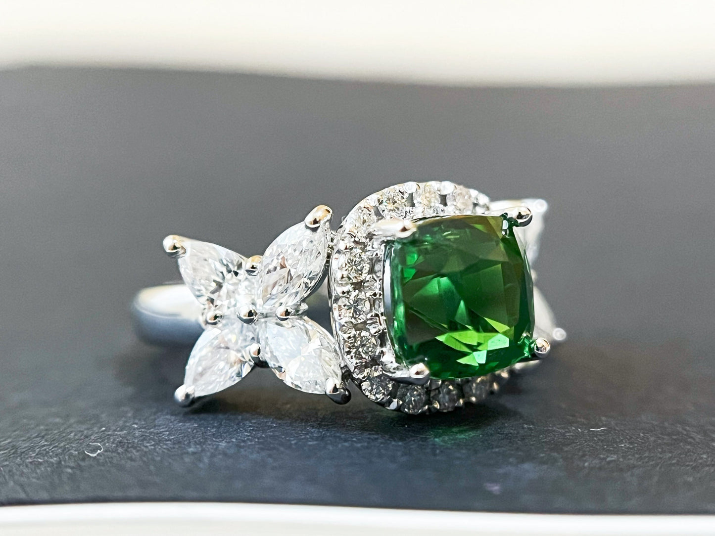 Certified Tsavorite Diamond Ring in 18K White Gold