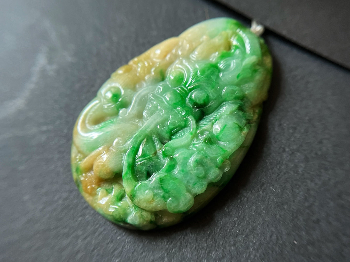 Tricolor Jade Dragon Crane Pendant